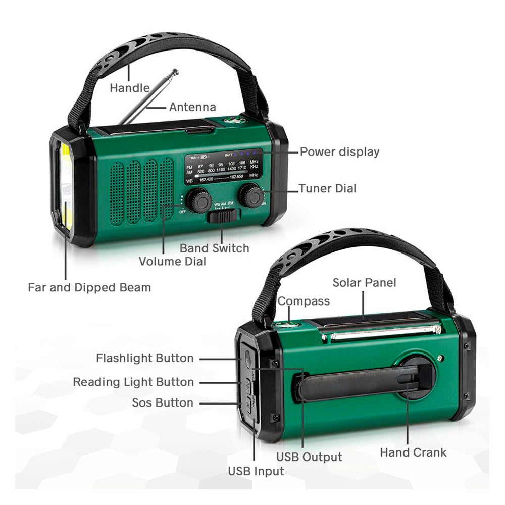 Lippa FM Emergency Radio - Hand Crank, Solar Panel, Compass, 10.000 mAh Powerbank - Green