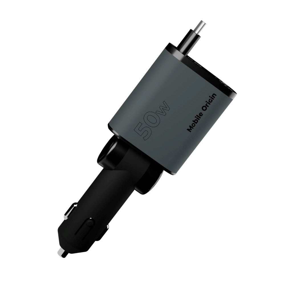 3-in-1 Car Charger 50W Mobile Origin with USB-C + USB-A and Retractable USB-C Cable – Grey