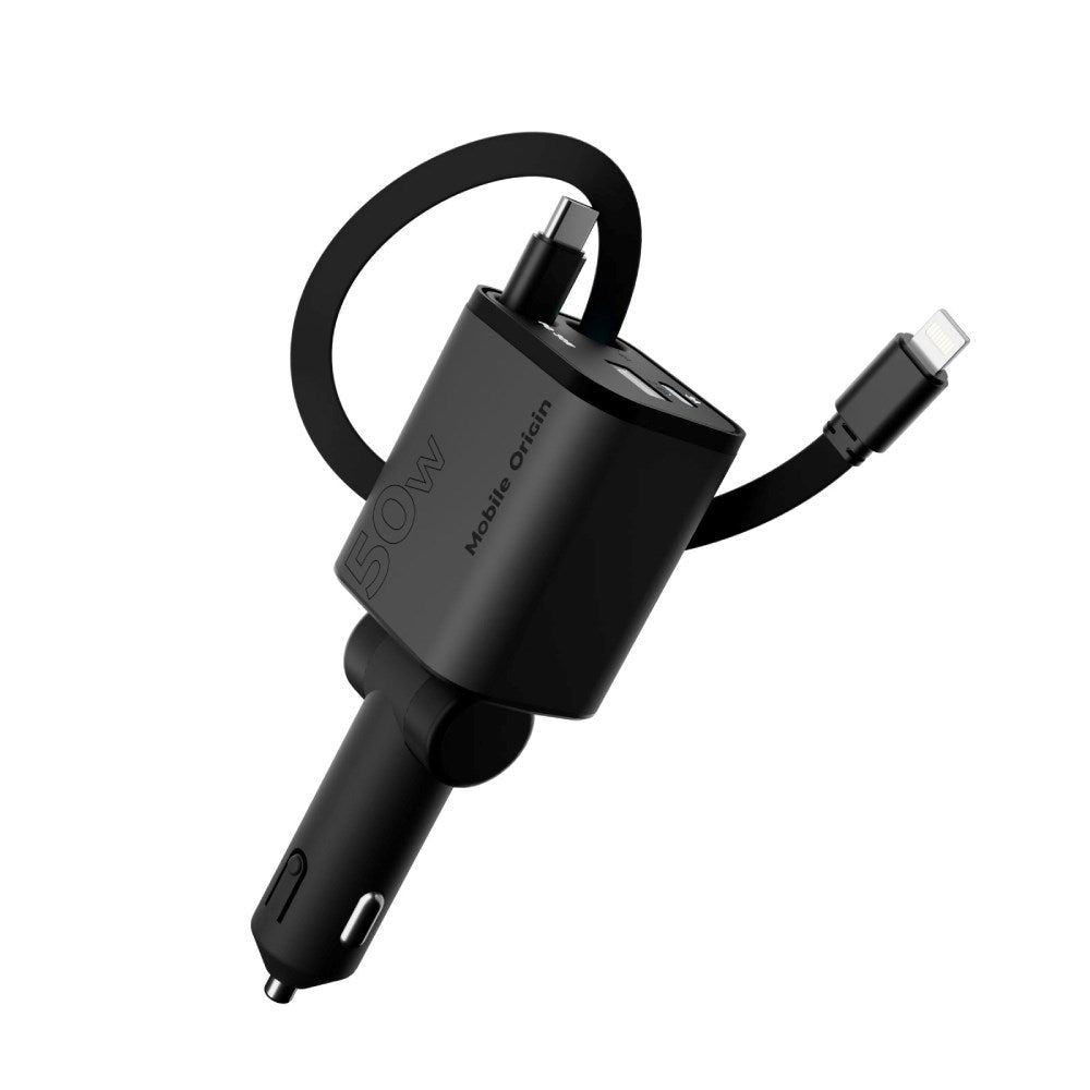 4-in-1 Car Charger Mobile Origin 50W with USB-C and USB-A Ports and Retractable USB-C and Lightning Cable - Grey