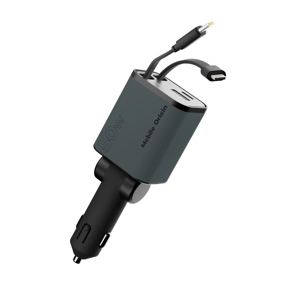4-in-1 Car Charger Mobile Origin 50W with USB-C and USB-A Ports and Retractable USB-C and Lightning Cable - Grey