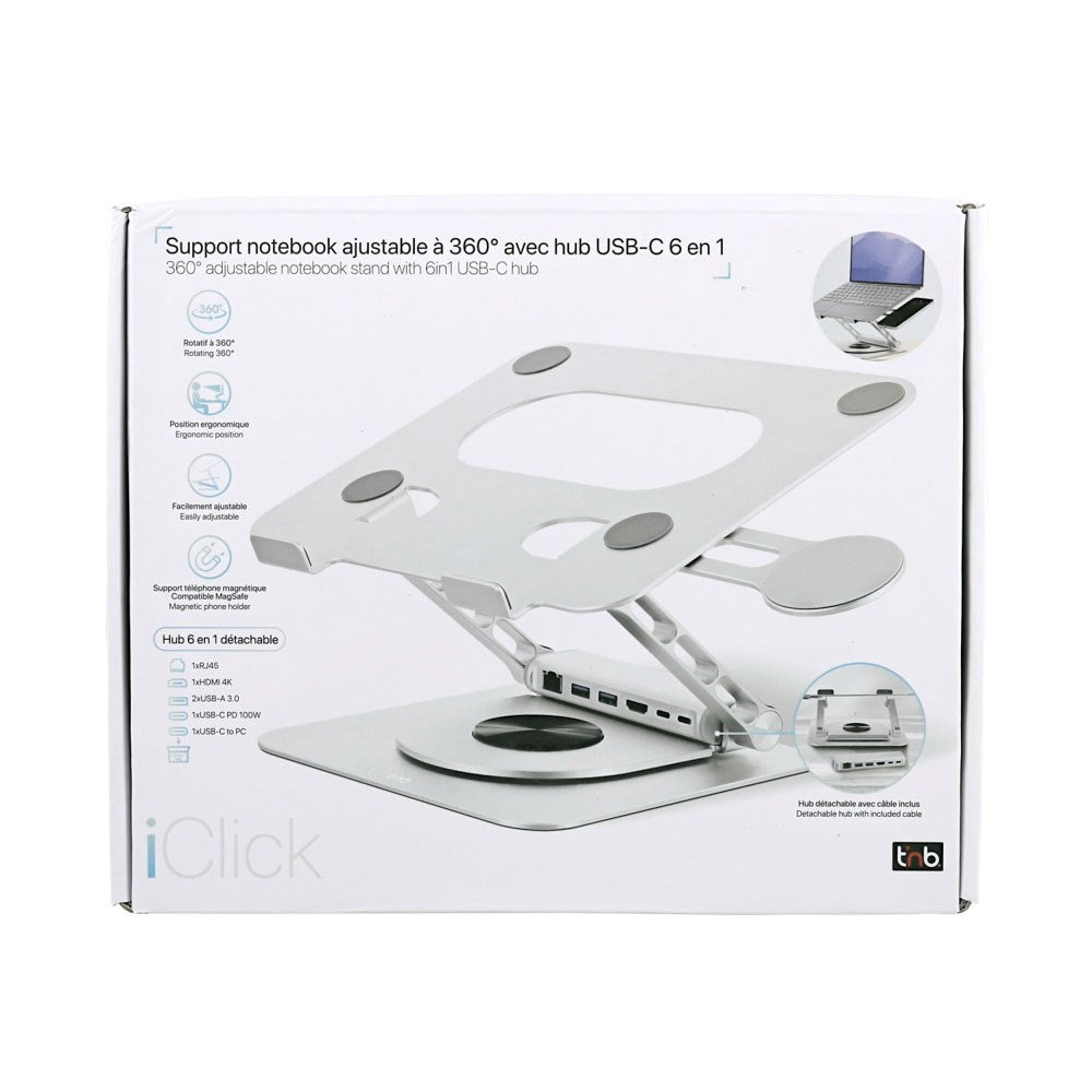 T'NB Rotatable Laptop Stand with MagSafe Phone Holder & Detachable 6-in-1 Hub - Silver