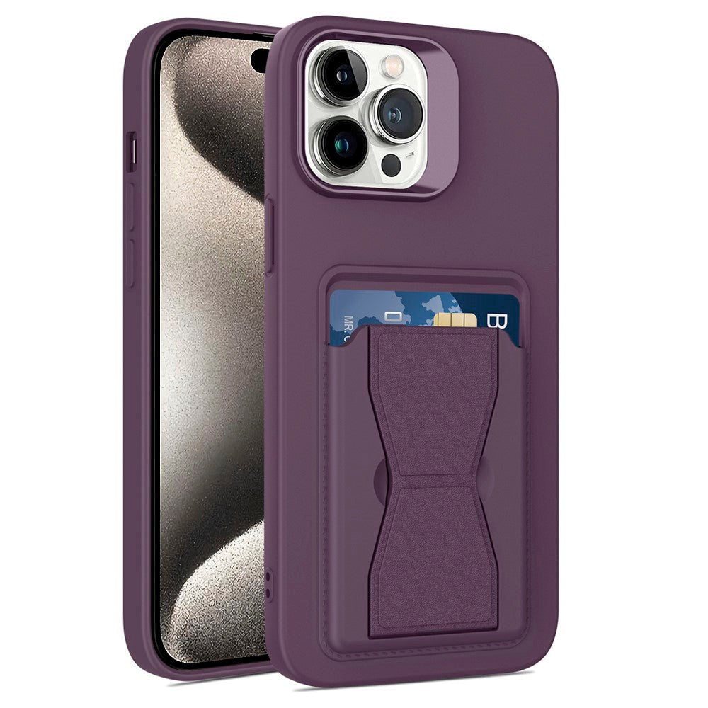 iPhone 15 Pro Flexible Plastic Case w. Card Holder & Kickstand - Purple