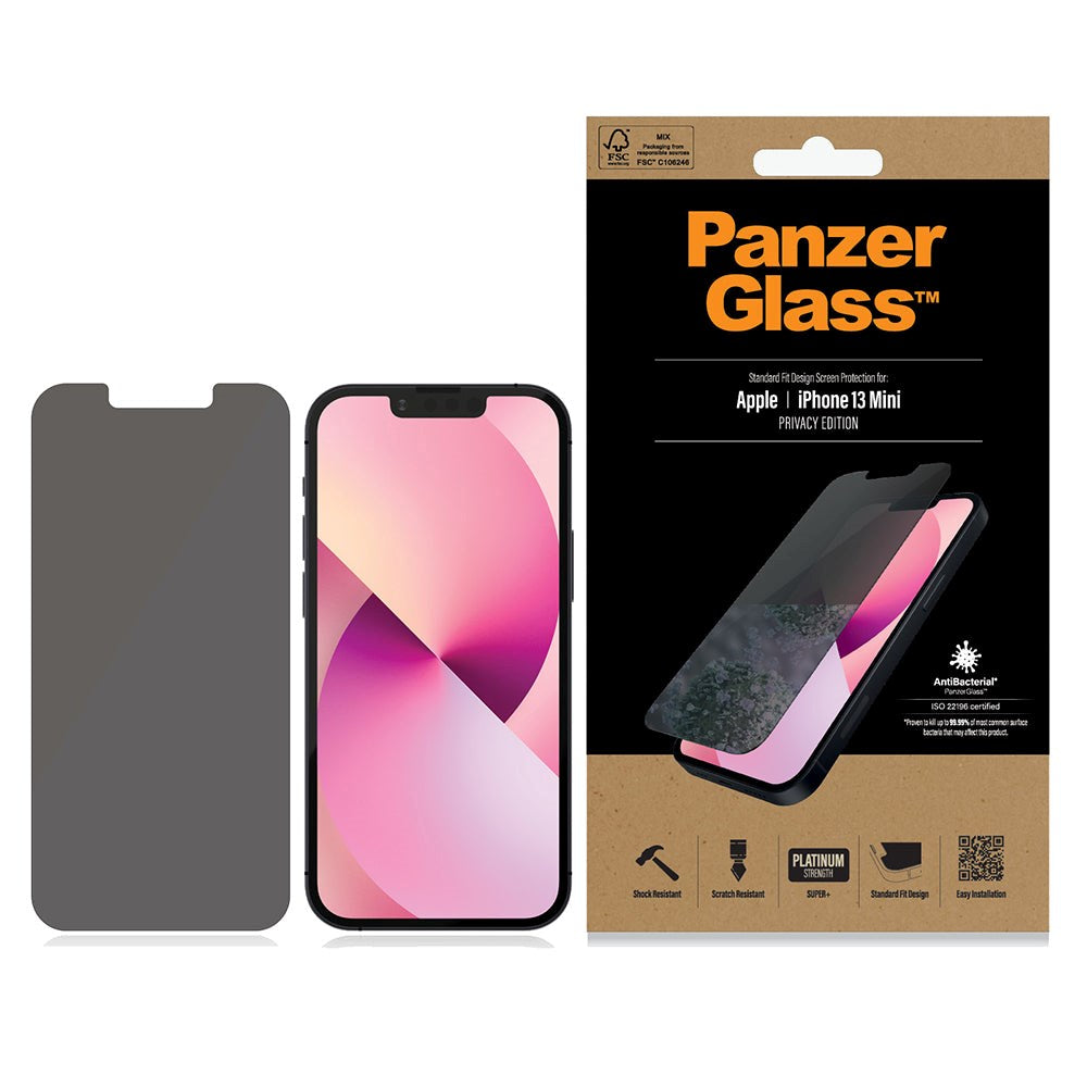 iPhone 13 Mini PanzerGlass Antibacterial Standard Fit Screen Protector - Case Friendly - Privacy - Black Edge