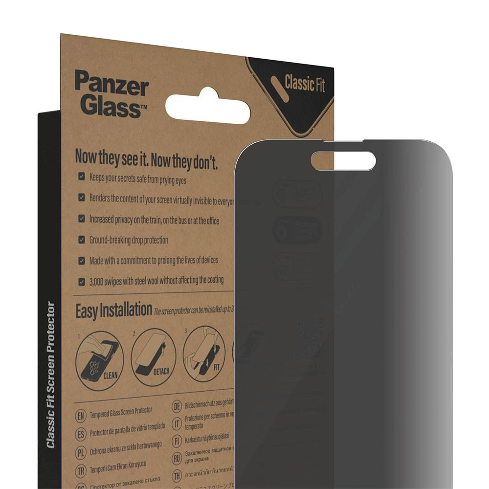 iPhone 14 Pro PanzerGlass AntiBacterial Classic Fit Screen Protector - Privacy Filter - Platinum Strength - Transparent / Black