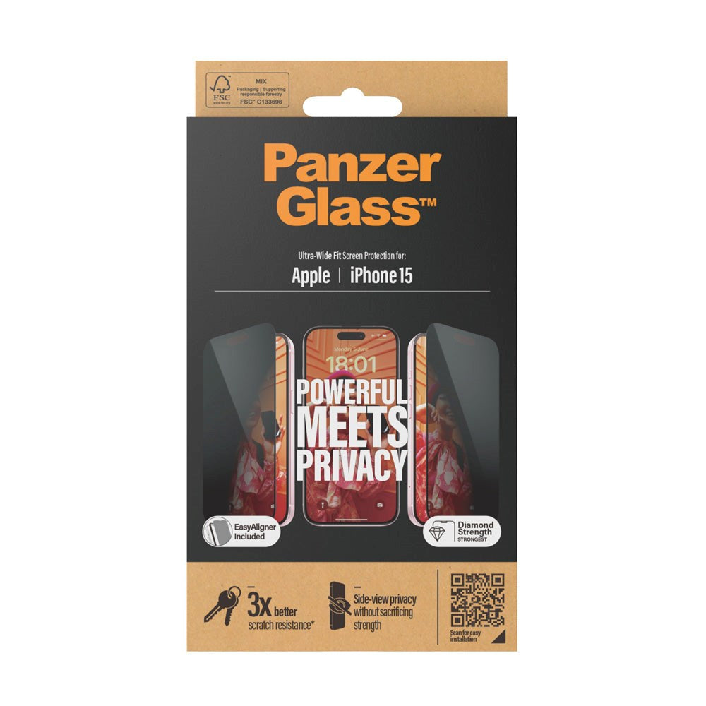 iPhone 15 PanzerGlass Ultra Wide Fit Screen Protector w. EasyAligner - Privacy - Diamond Strength - Transparent / Black Edge