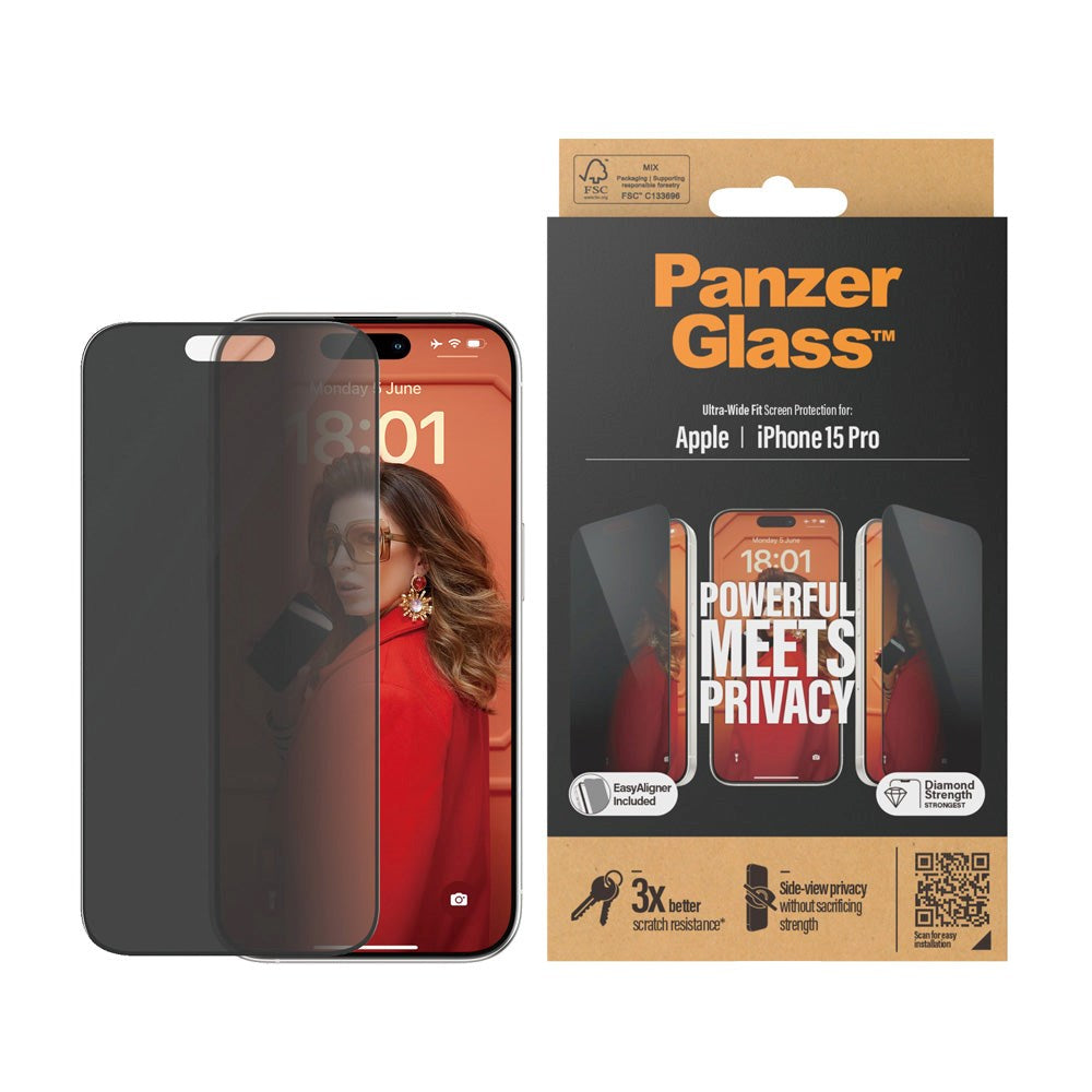 iPhone 15 Pro PanzerGlass Ultra Wide Fit Screen Protector w. EasyAligner - Privacy - Diamond Strength - Transparent / Black Edge