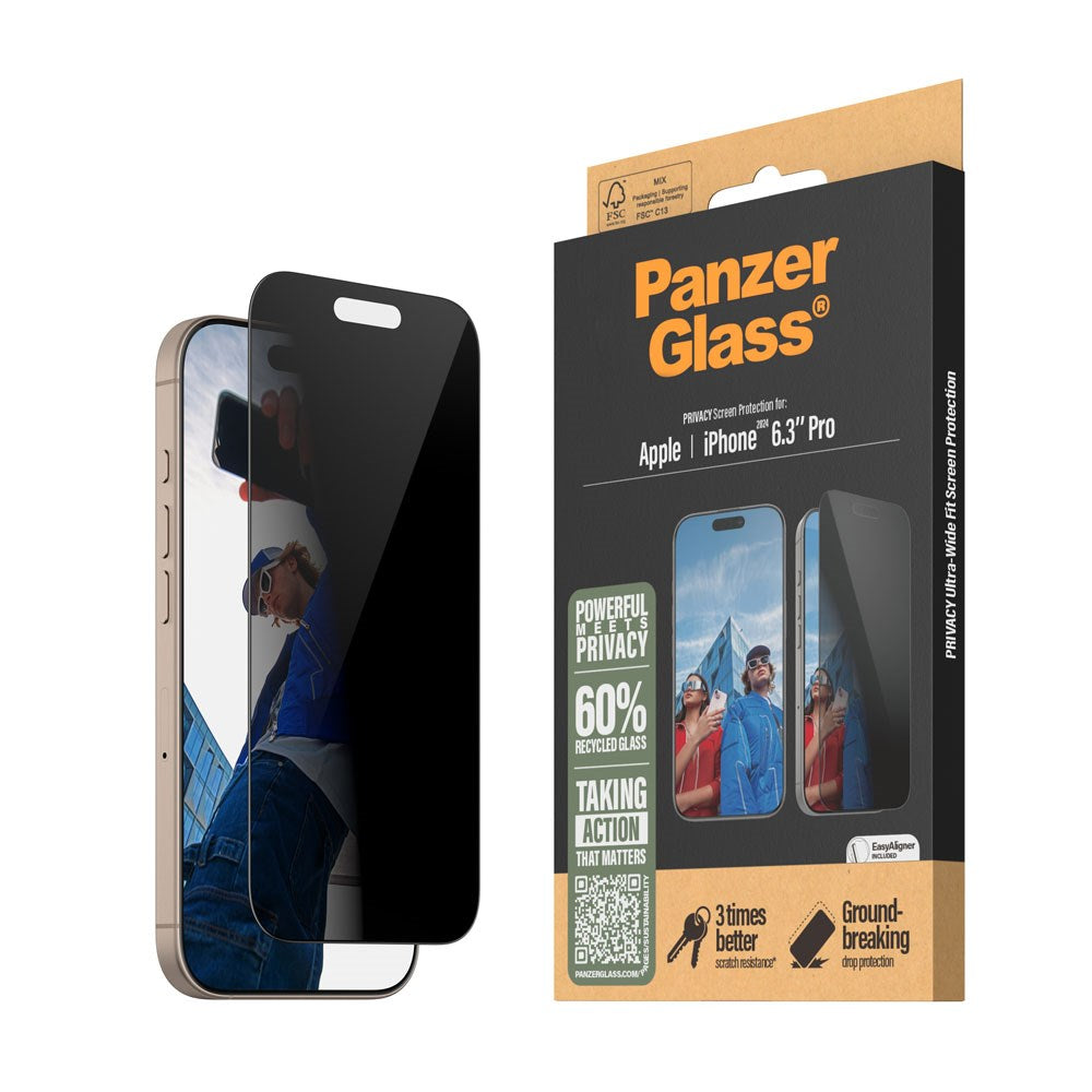 iPhone 16 Pro PanzerGlass Ultra Wide Fit Screen Protector w. EasyAligner - Privacy - Diamond Strength - Transparent / Black Edge