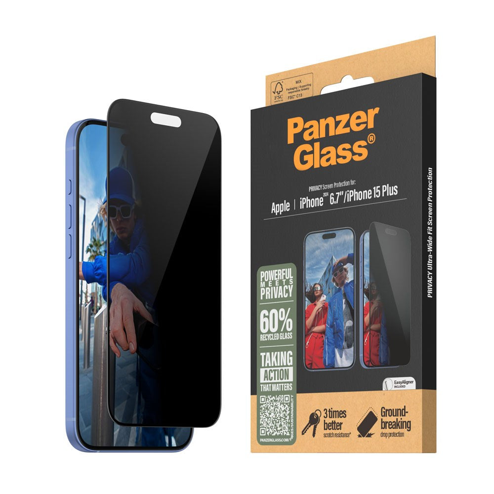 iPhone 16 Plus PanzerGlass Ultra Wide Fit Screen Protector w. EasyAligner - Privacy - Diamond Strength - Transparent / Black Edge