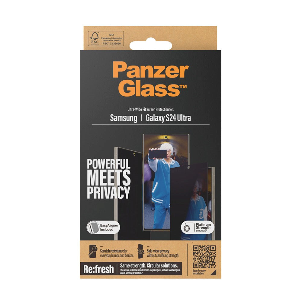 Samsung Galaxy S24 Ultra PanzerGlass Ultra Wide Fit Re:fresh Screen Protector m. EasyAligner - Privacy - Platinum Strength - Transparent / Black Edge