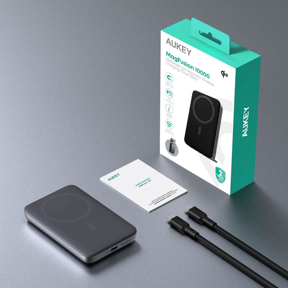Aukey MagFusion 10,000mAh Powerbank with Wireless Charging & Stand Function - MagSafe / Qi2 Compatible - Grey