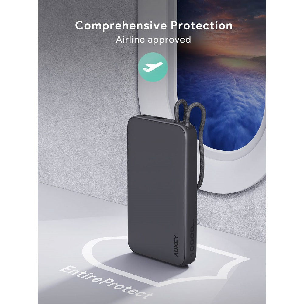 Aukey Spark Sling Powerbank with Built-in USB-C Cable - 10,000mAh - 20W - 1 x USB-C - 1 x USB-A - Grey