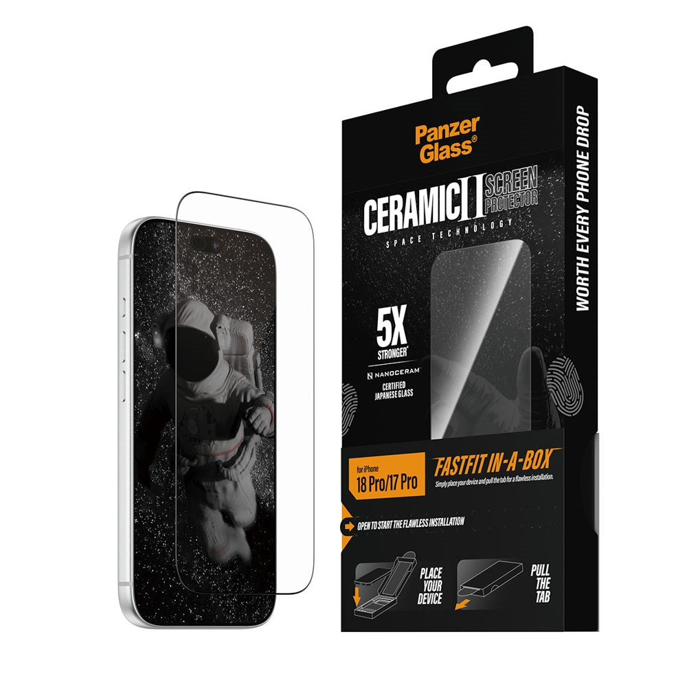 iPhone 18 Pro / 17 Pro PanzerGlass Ceramic Ultra-Wide Fit Screen Protector Glass – FastFit In-A-Box – Transparent