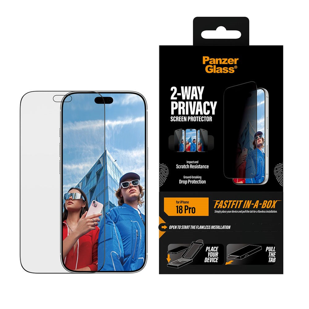 iPhone 18 Pro PanzerGlass Ultra Wide Fit Screen Protector Glass with FastFit In-A-Box - Privacy - Transparent