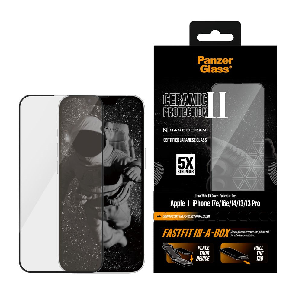 iPhone 17e / 16e / 14 / 13 / 13 Pro PanzerGlass Ceramic Ultra-Wide Fit Screen Protector Glass – FastFit In-A-Box – Transparent