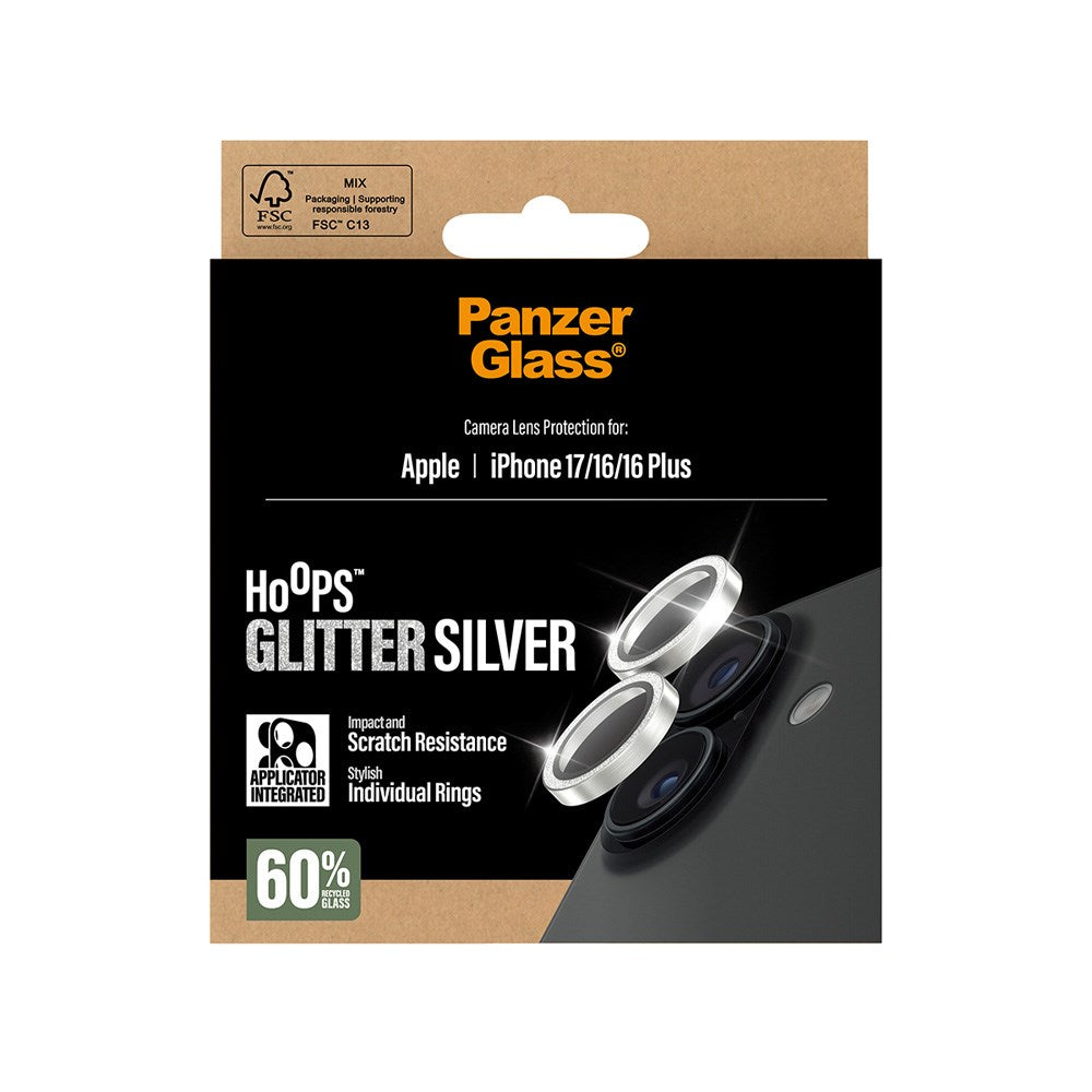 PanzerGlass iPhone 17 / 16 / 16 Plus  Hoops Camera Lens Protection with Installation Frame - Glitter Silver