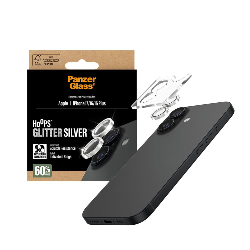 PanzerGlass iPhone 17 / 16 / 16 Plus  Hoops Camera Lens Protection with Installation Frame - Glitter Silver