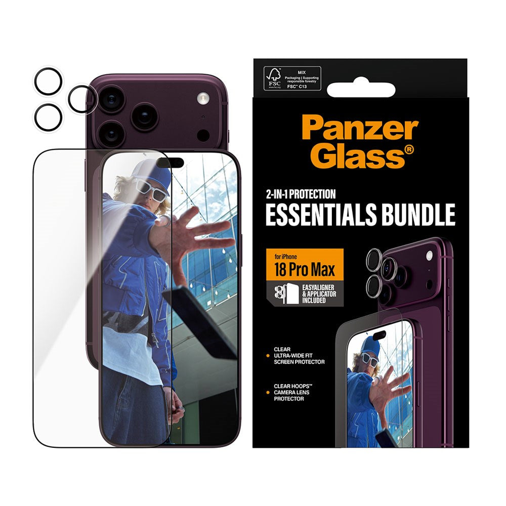 iPhone 18 Pro Max PanzerGlass Essentials 2-in-1 Bundle with EasyAligner / Screen Protection (UWF) / Hoops Camera Protection - Transparent