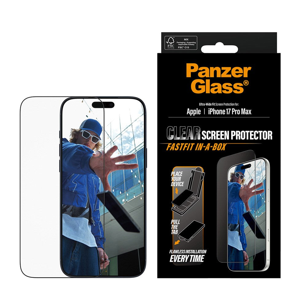 PanzerGlass iPhone 17 Pro Max Screen Protector Glass with FastFit In-A-Box - Ultra Wide Fit - Transparent