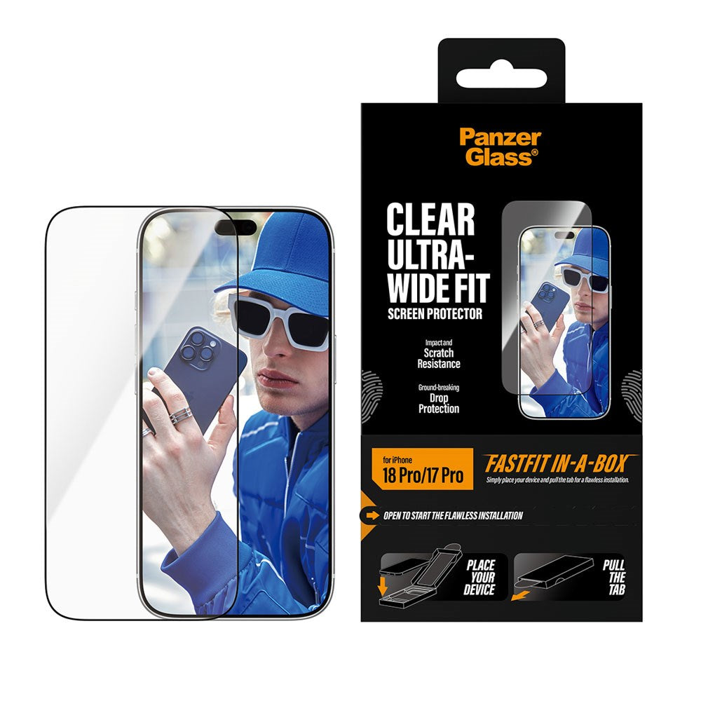 iPhone 18 Pro / 17 Pro PanzerGlass Screen Protector Glass with FastFit In-A-Box - Ultra Wide Fit - Transparent