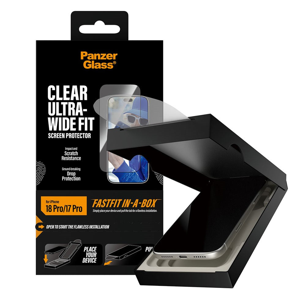 iPhone 18 Pro / 17 Pro PanzerGlass Screen Protector Glass with FastFit In-A-Box - Ultra Wide Fit - Transparent