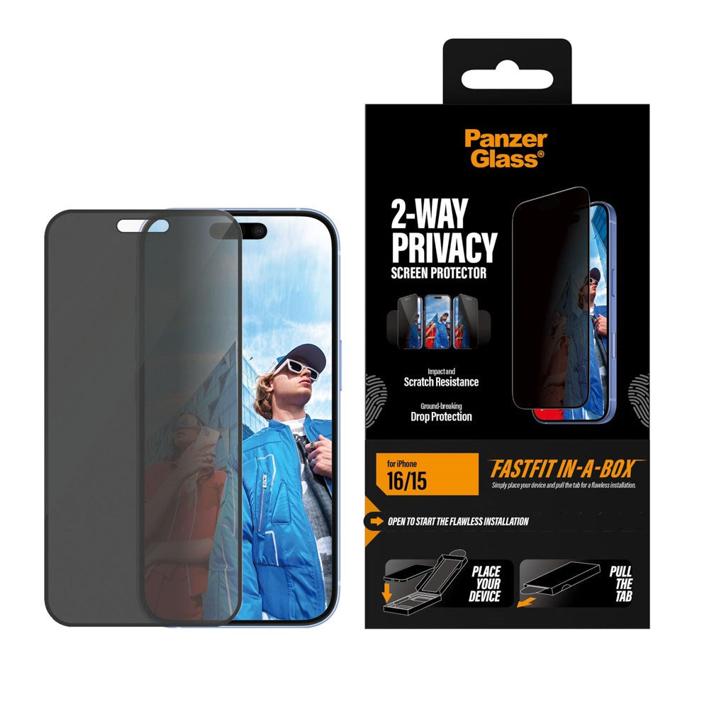iPhone 16 / 15 PanzerGlass 2-Way Privacy Screen Protection with FastFit In-A-Box - Transparent