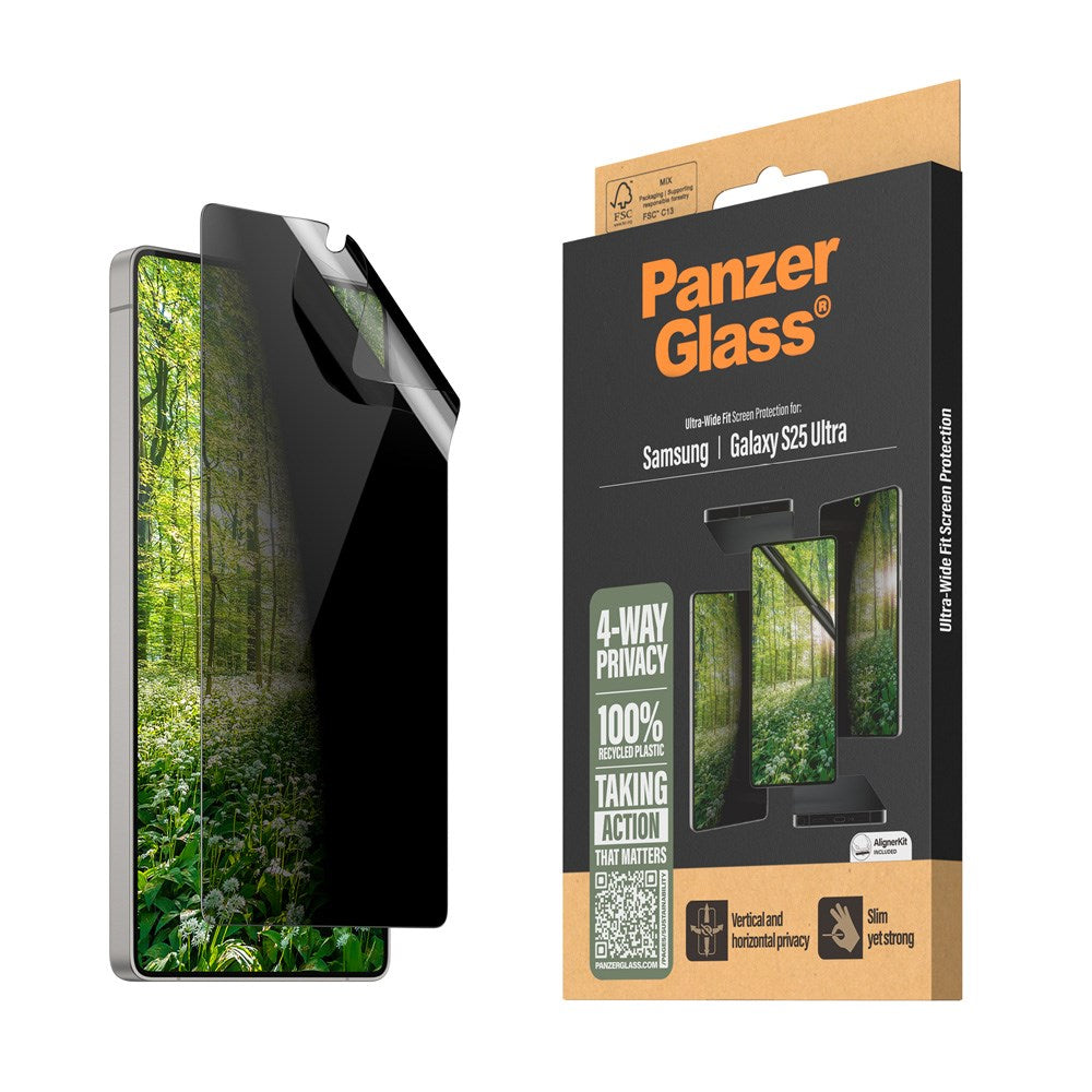 Samsung Galaxy S25 Ultra PanzerGlass Eco Matrix 4-Way Privacy Screen Protector Ultra Wide Fit - Aligner Kit - Platinum Strength - Transparent