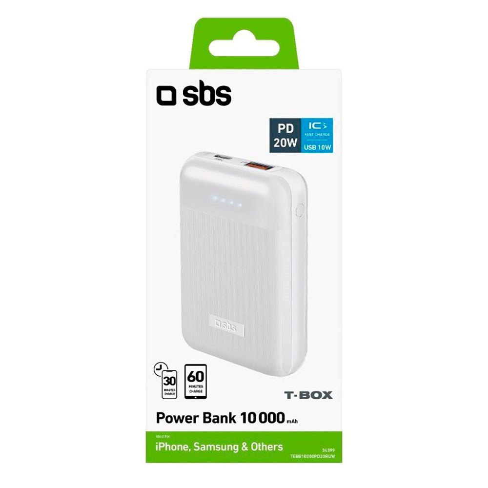 SBS T-BOX 20W Powerbank with USB-A & USB-C PD - 10.000 mAh - White