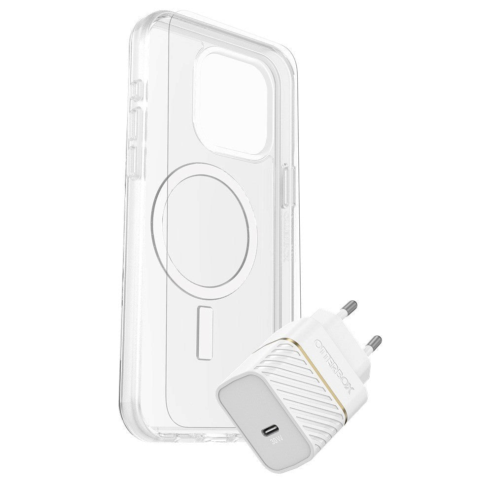 OtterBox iPhone 15 Pro Max Protection + Power Kit - MagSafe Case, Screen Protection & 20W Wall Charger - Transparent / White