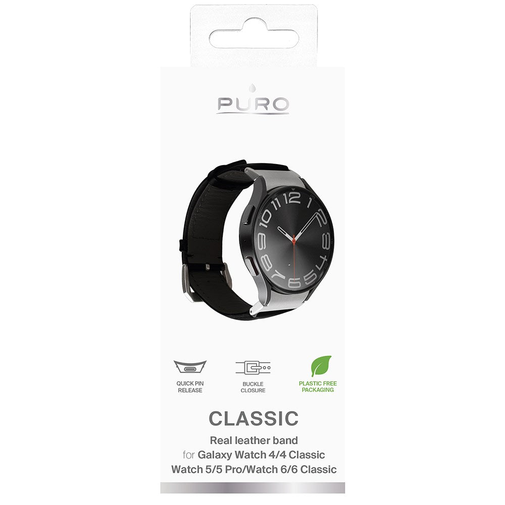 Samsung Galaxy Watch (4/4 Classic/5/5 Pro/6/6 Classic/7) PURO CLASSIC Genuine Leather Strap - Black