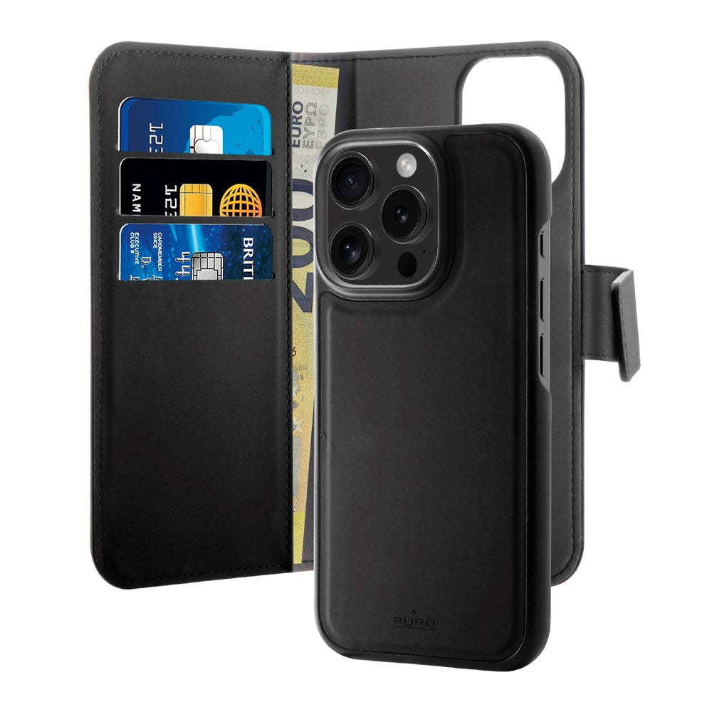 Puro Eco-Leather Case with Horizontal Flip, 3 Card Slots, and Banknote Pocket for iPhone 16 Pro Max - Black