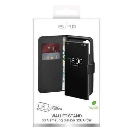 Samsung Galaxy S26 Ultra PURO Eco-Leather Flip Case with Card Holder & Stand Function - Black