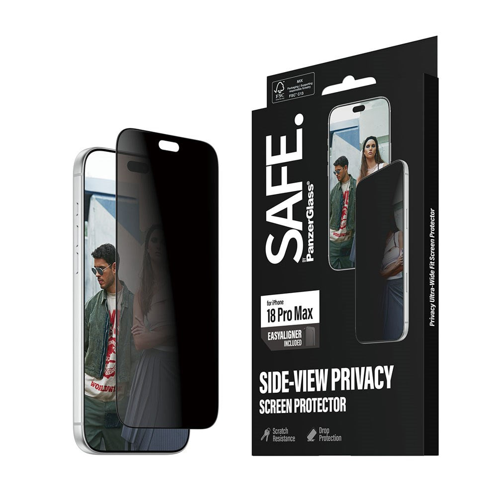 iPhone 18 Pro Max SAFE by PanzerGlass Ultra-Wide Fit Screen Protector Glass with EasyAligner - Privacy - Transparent