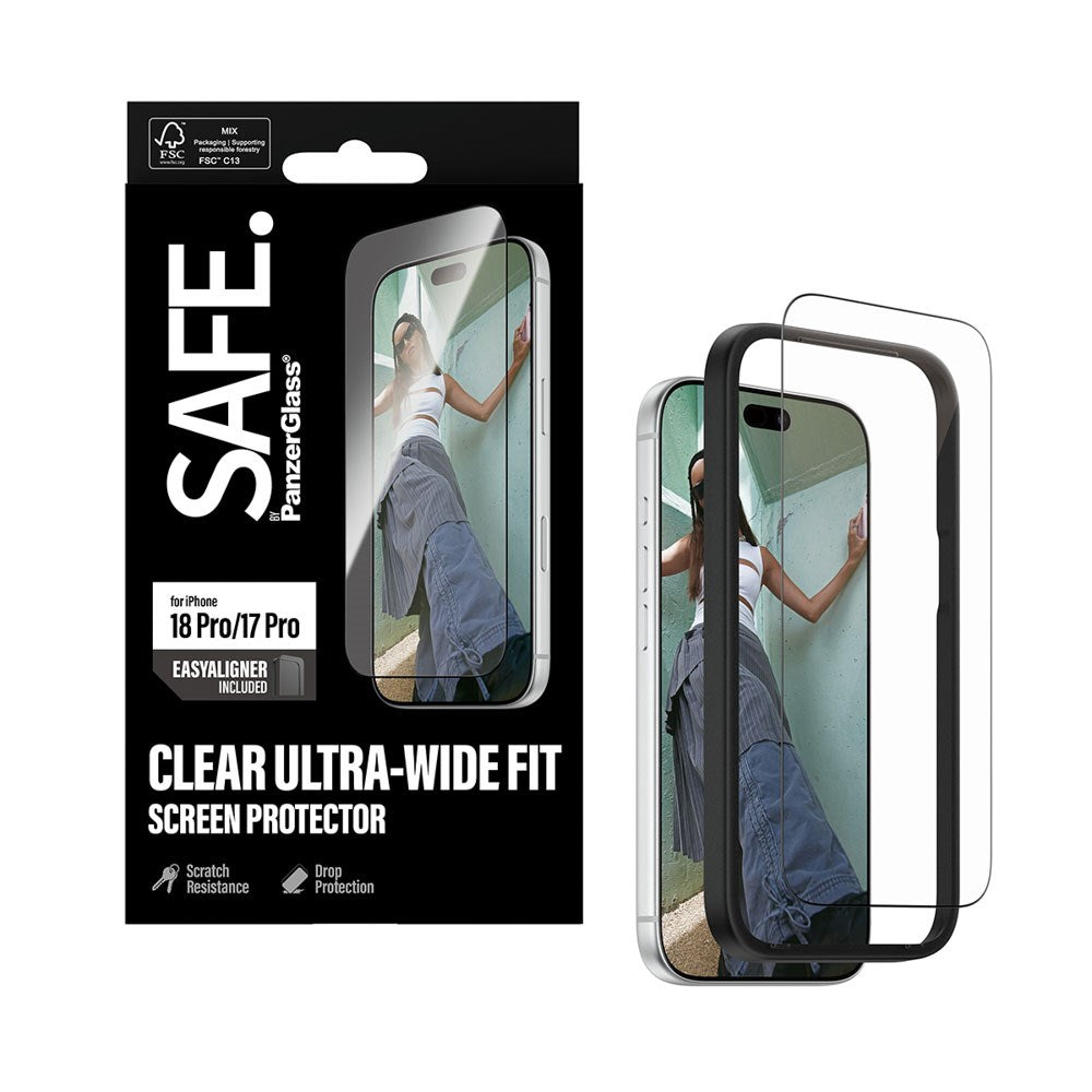 iPhone 18 Pro / 17 Pro SAFE by PanzerGlass Ultra-Wide Fit Screen Protector Glass with EasyAligner - Transparent