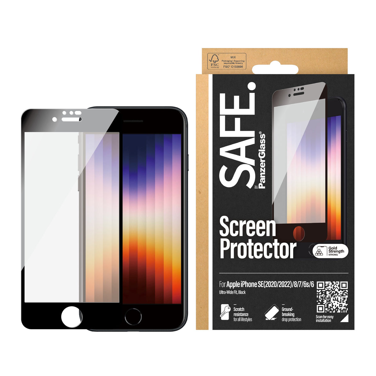 SAFE by PanzerGlass Edge-to-Edge Fit Screen Protection - iPhone 8/7/6/6s/SE (2020/2022) - Transparent/Black Edge