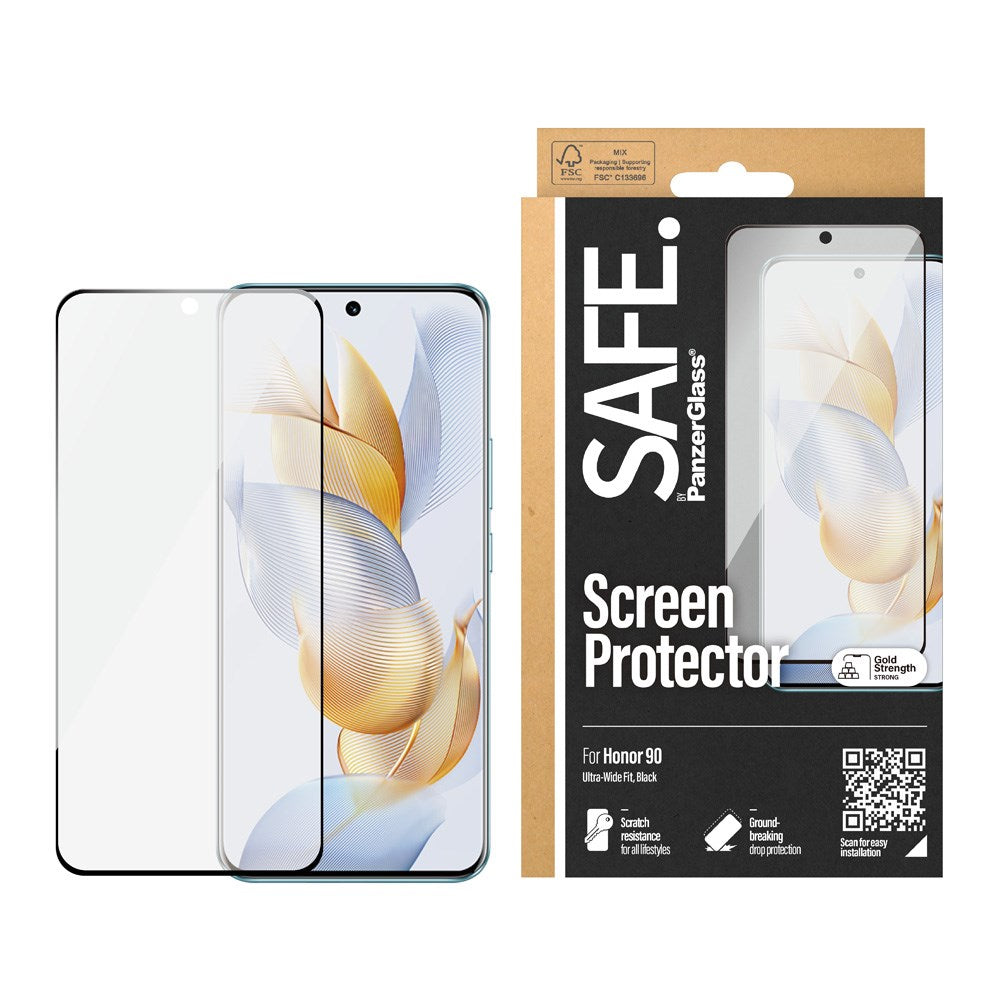 Honor 90 Safe By PanzerGlass® Ultra-Wide Fit Screen Protector - Case Friendly - Gold Strength - Transparent / Black Edge