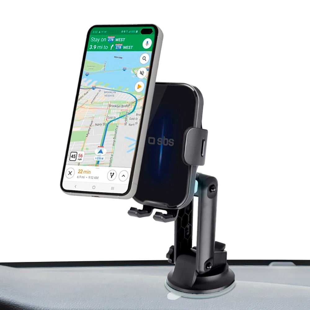 SBS Mobile Holder for Instrument & Windshield w. Wireless Charging 15W - Max Mobile: 150mm - Black