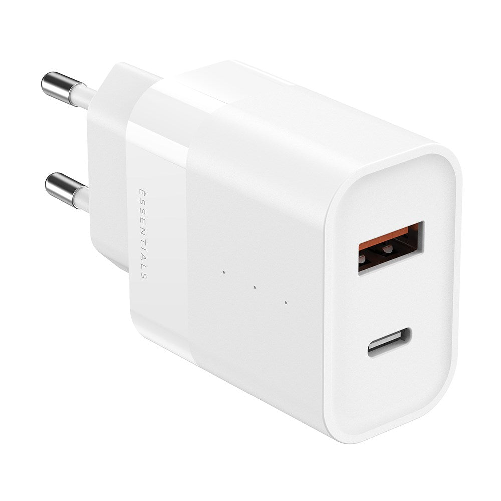 Upström ËESSENTIALS PD 30W Recycled Plastic Wall Charger with USB-C og USB-A - White