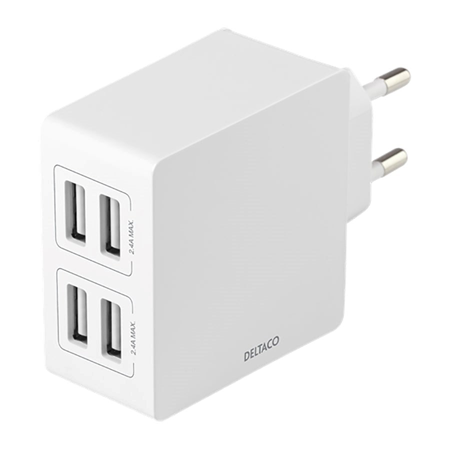 Deltaco 24W Wall charger w. 4 x USB-A - White