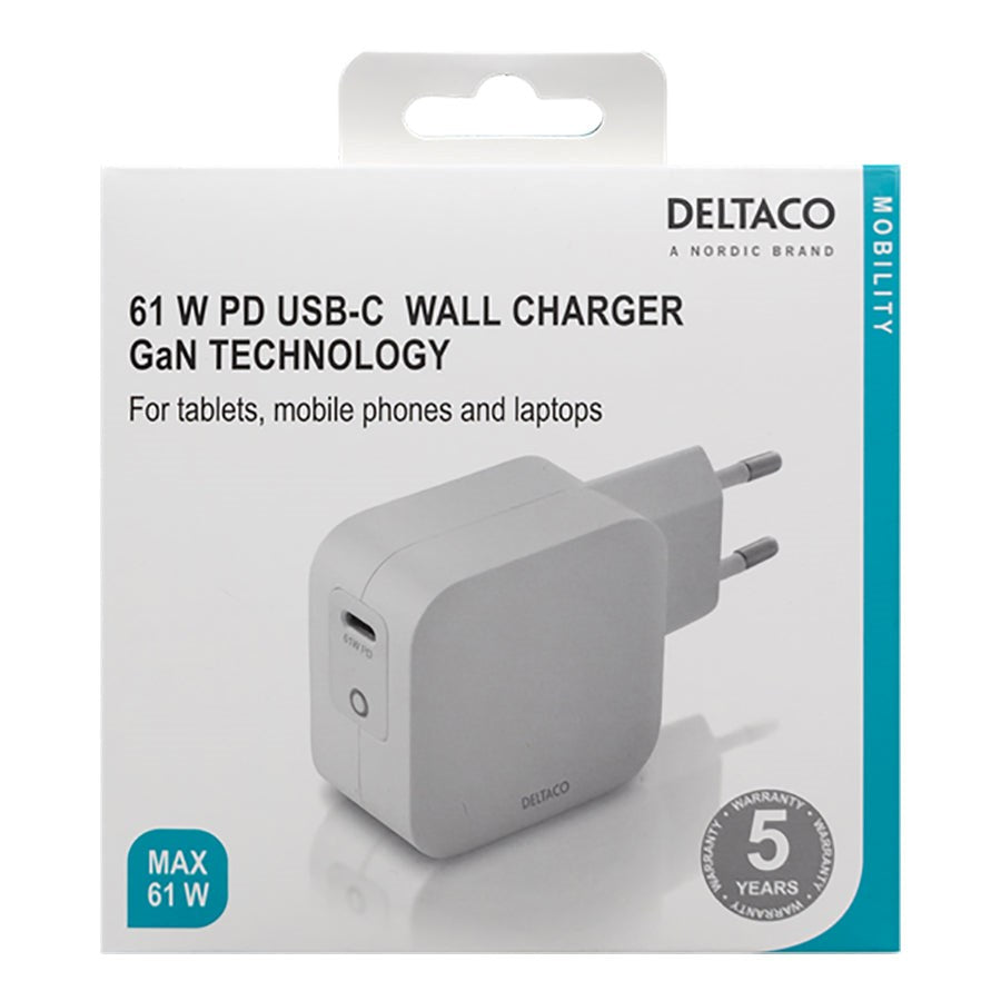 Deltaco PD 61W Wall charger w. USB-C - White