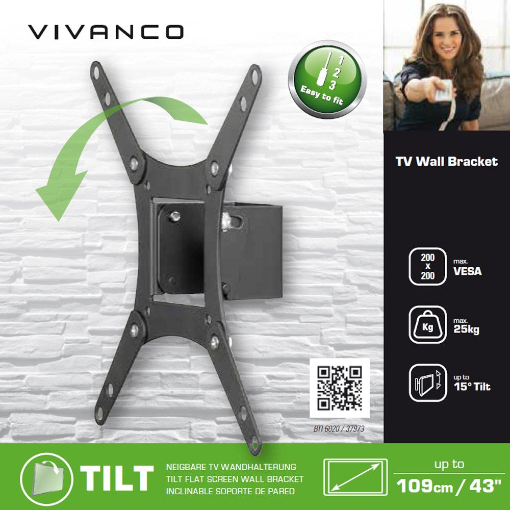 Vivanco TV Wall Mount - Tilt Function - 25kg / 43" - Black