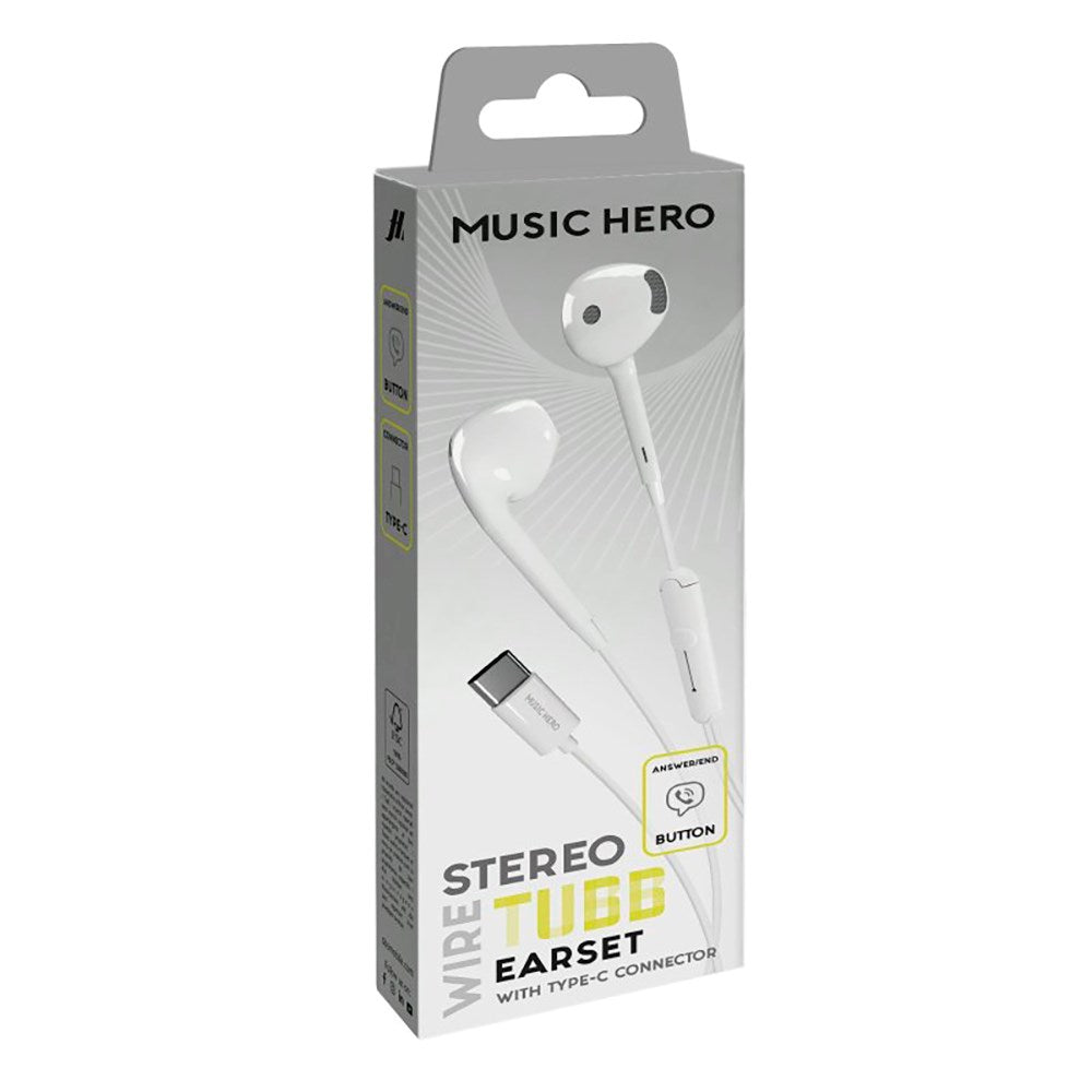 MUSIC HERO Tubb Stereo In-Ear Headphones with USB-C & Microphone - White