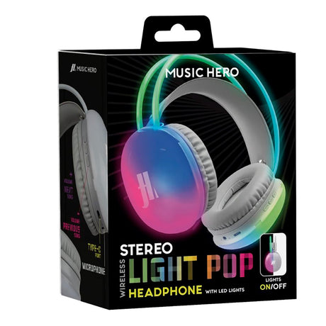 MUSIC HERO Light Pop Wireless Bluetooth On-Ear Headphones w. LED Light - Grey